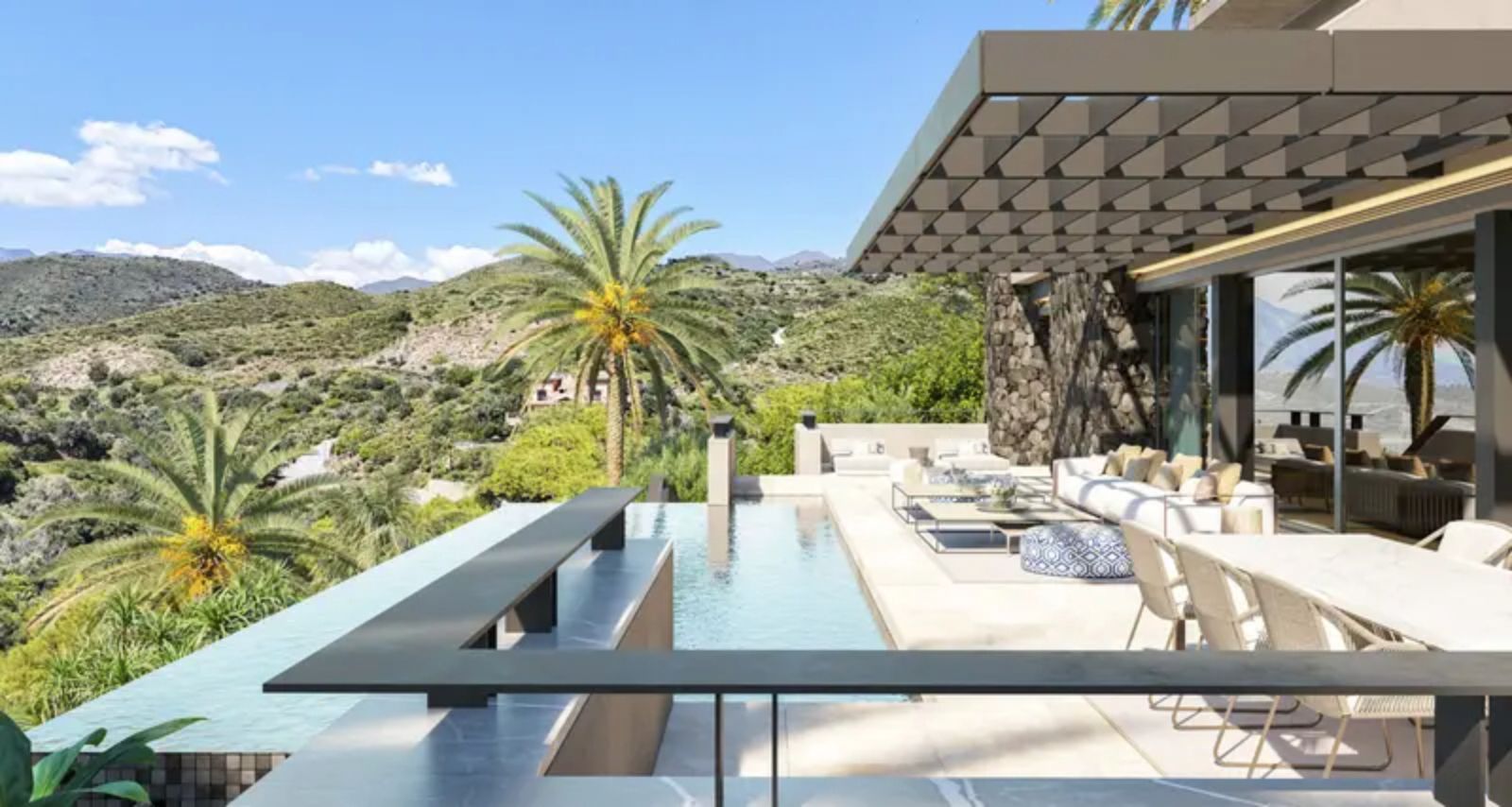 Moderne villa met infinity zwembad en prachtig uitzicht op heuvels en palmbomen.
