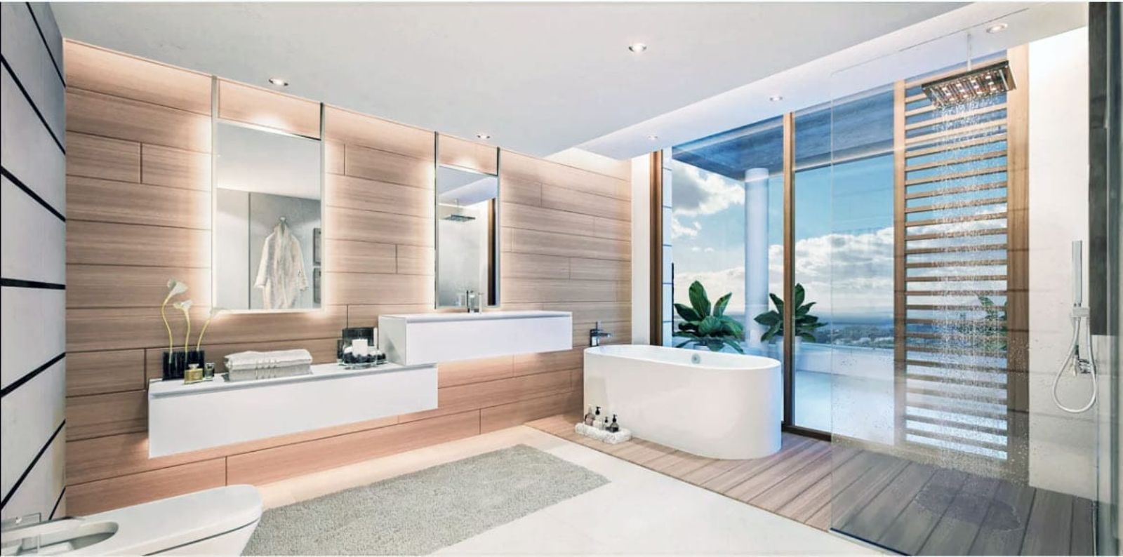 Luxe badkamer in Villa Cascada met vrijstaand bad en regendouche met uitzicht.