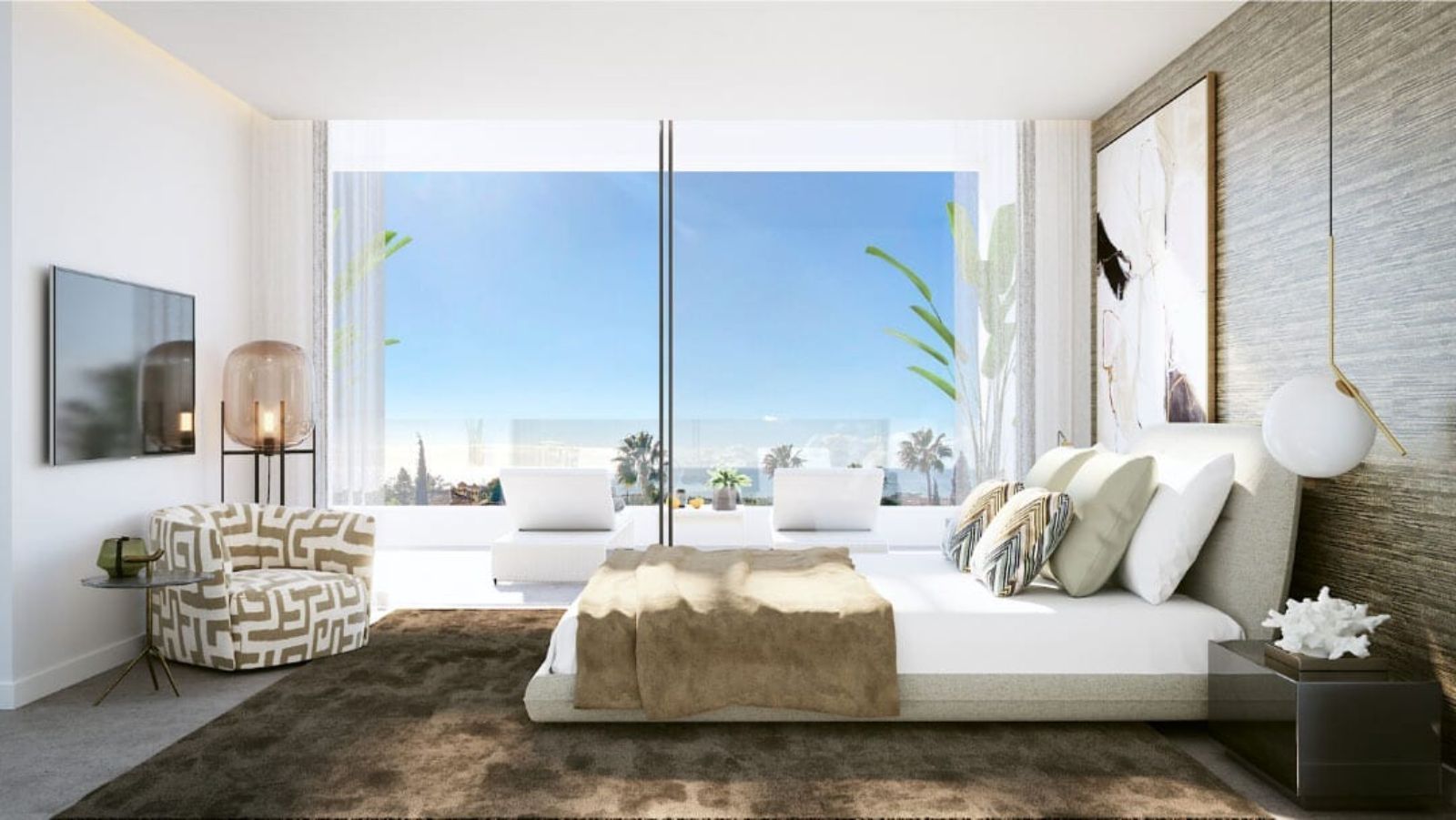 Moderne slaapkamer met uitzicht op zee en ligstoelen op het balkon bij Villa Cascada.